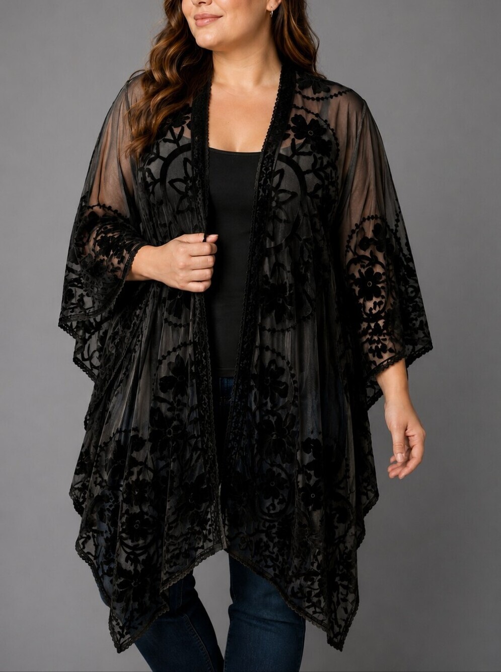 TORRID Black Sheer Mesh Floral Kimono Cape Goth Cover-up Wrap One Size